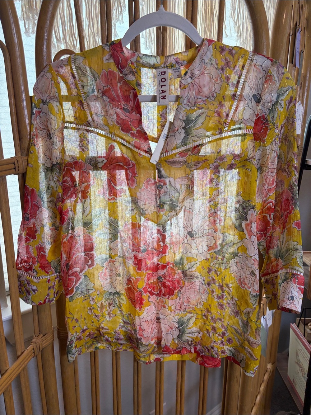 Dolan Yellow Floral Semi-Sheer V-Neck silk Blouse